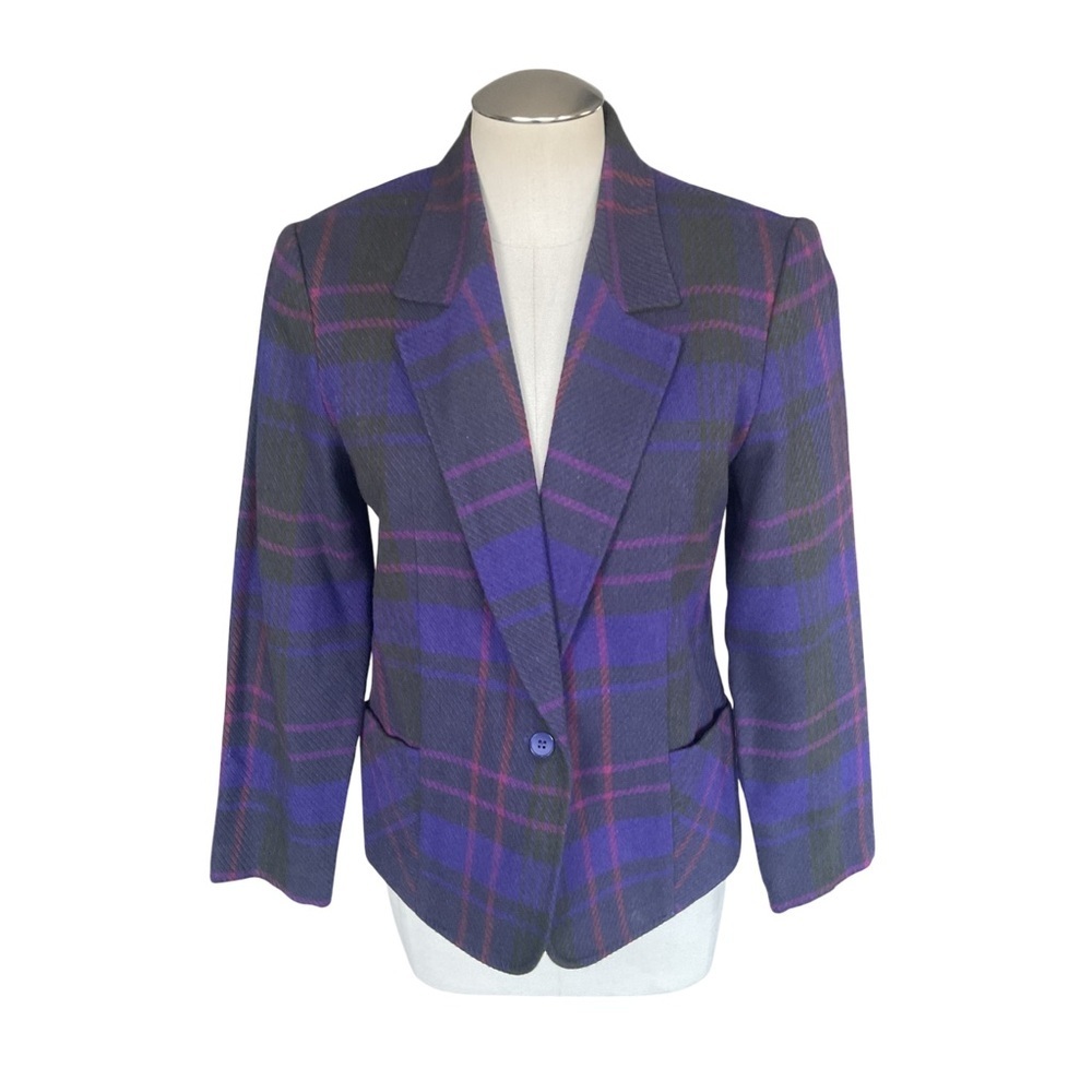 Vintage JG Petite Plaid Blazer Purple Blue Made USA Womens - Picture 2 of 5